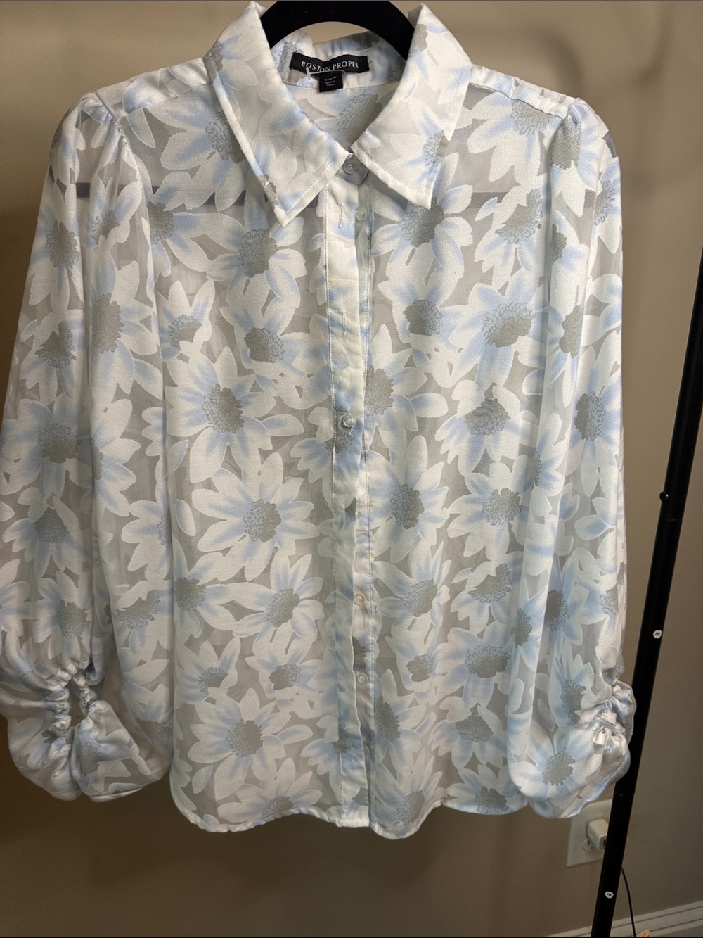Boston Proper Sheer White Blouse with Baby Blue Floral Print